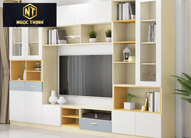 TỦ GỖ VÁN CÔNG NGHIỆP MDF KẾ HỢP KỆ TV ĐƠN GIẢN SANG TRỌNG